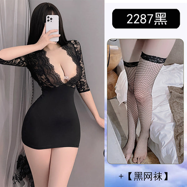 秘书制服--紧身包臀裙性感诱惑深V露乳蕾丝透视纯欲情趣服 2287